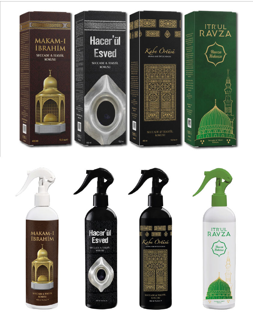 4'lü Set Kâbe Örtüsü, Ravza Kokusu, Makam'ı İbrahim, Hacer'ül Esved Kokusu 400 ml – Seccade Parfümü