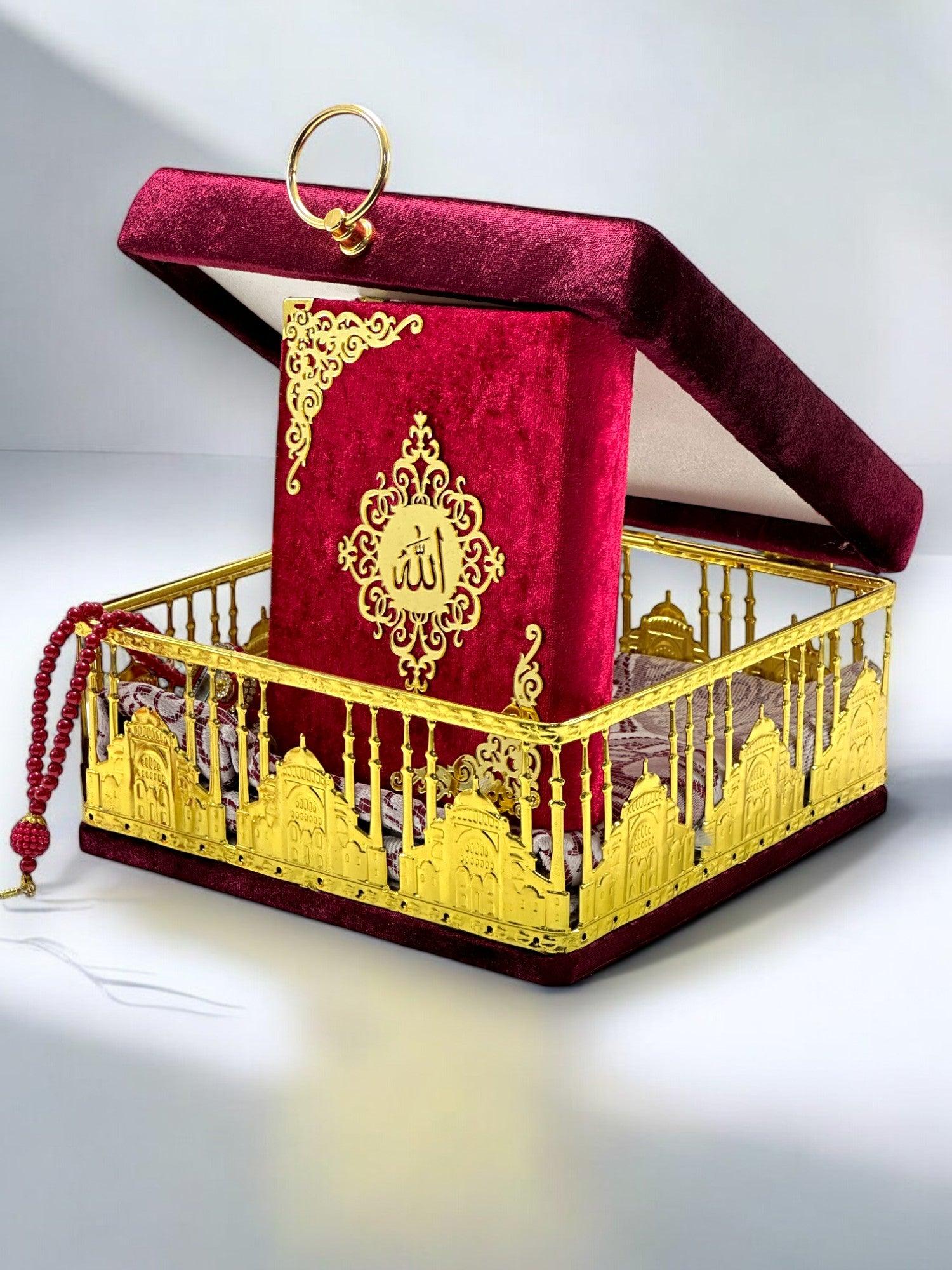 Cami Motifli Özel Sandık Hediye Seti - Kuran-ı Kerim, İnci Tesbih, Zikirmatik, Ayraç ve Seccade