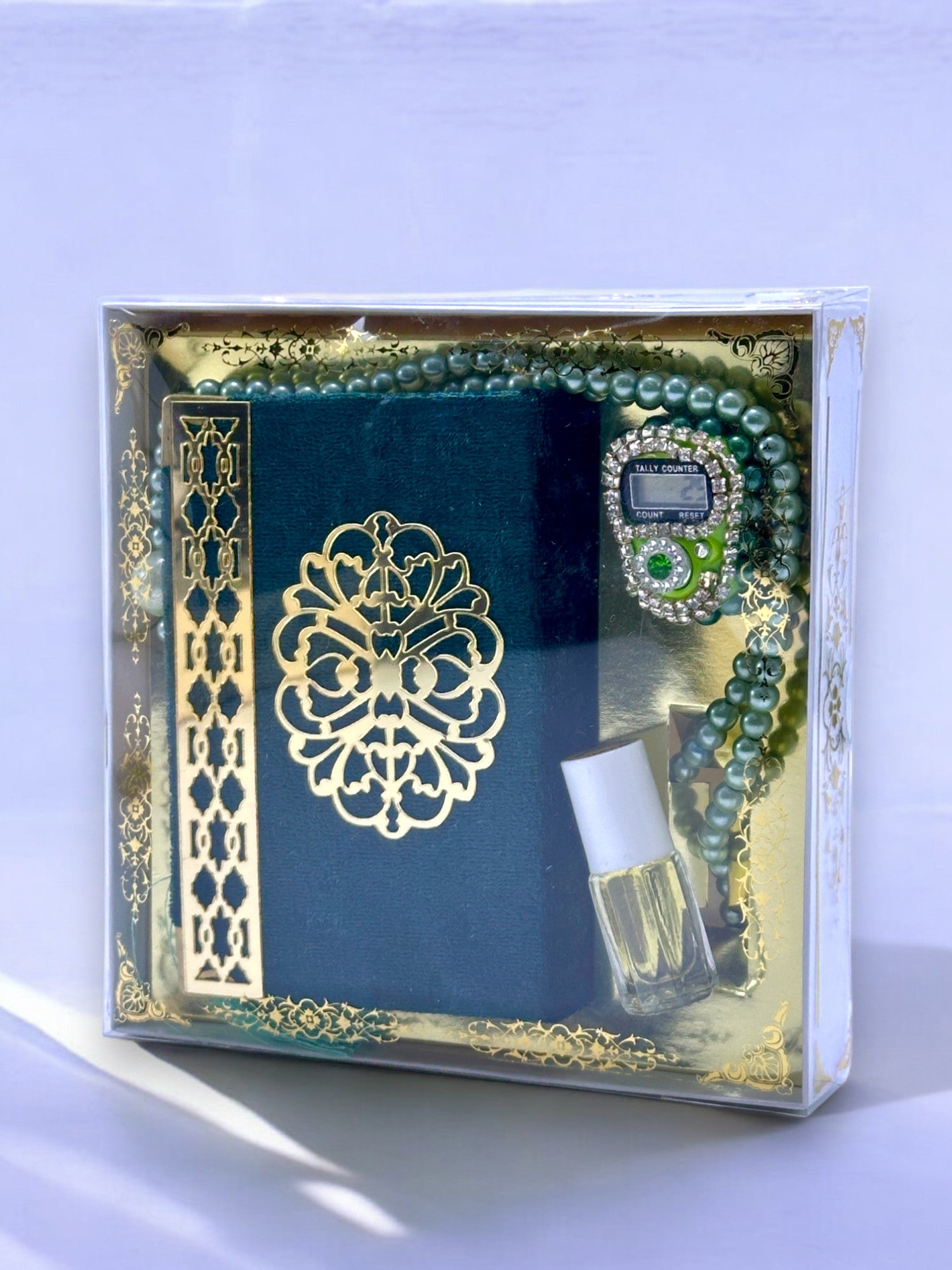 Cep Boy Kuran-ı Kerim, Zikirmatik, Koku Esans ve İnci Tesbih Seti – Şık ve Manevi Hediye Seti