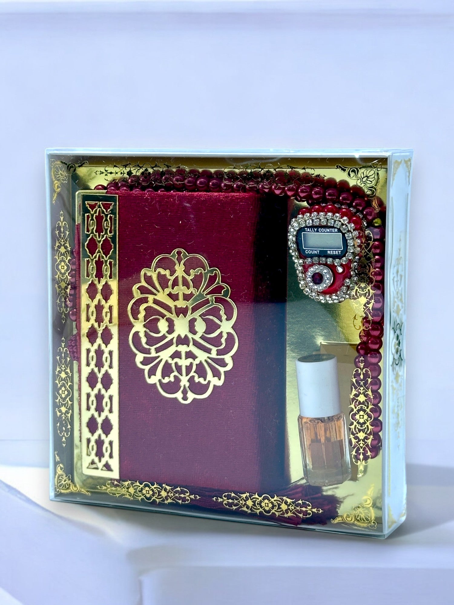 Cep Boy Kuran-ı Kerim, Zikirmatik, Koku Esans ve İnci Tesbih Seti – Şık ve Manevi Hediye Seti