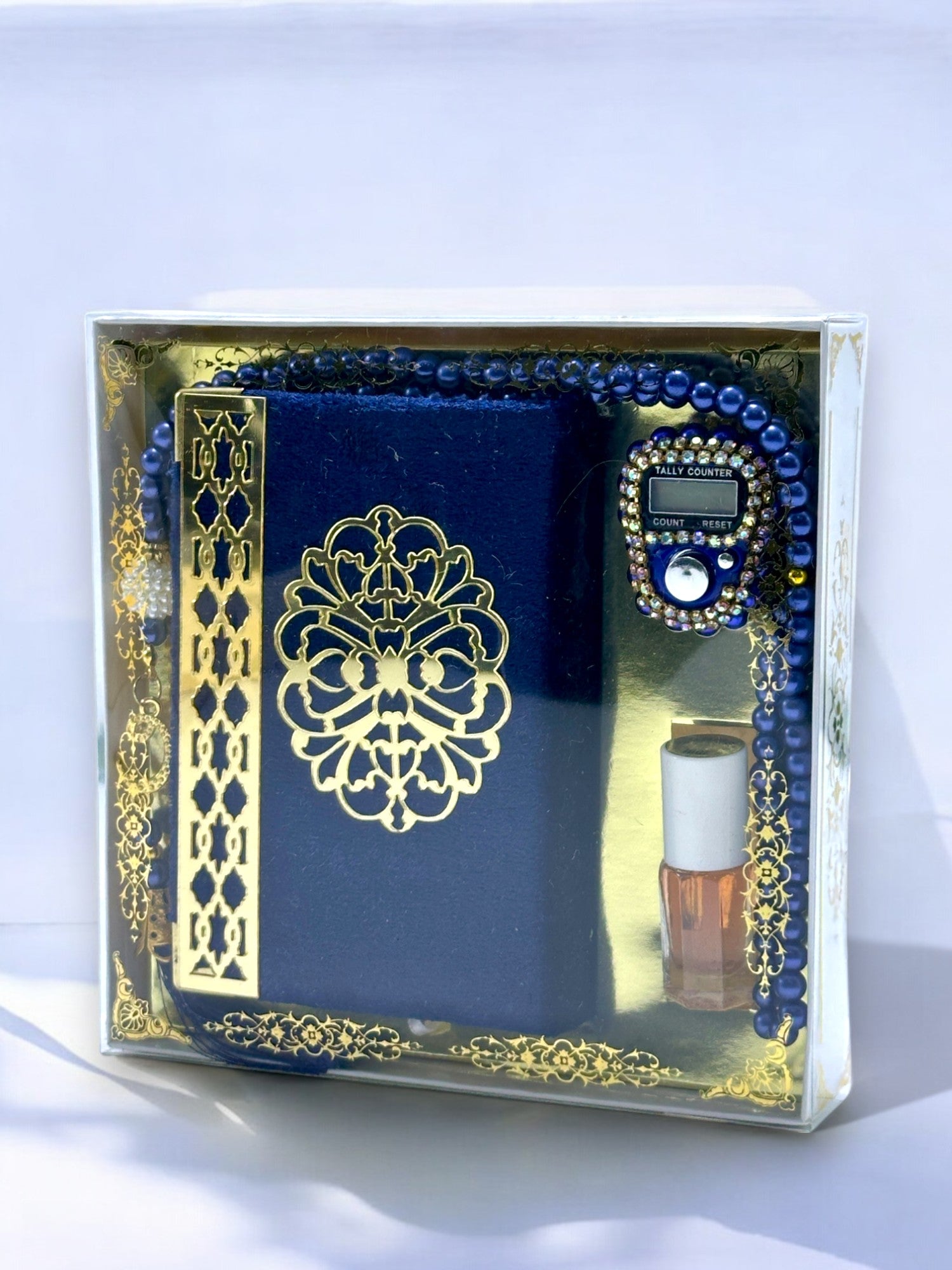 Cep Boy Kuran-ı Kerim, Zikirmatik, Koku Esans ve İnci Tesbih Seti – Şık ve Manevi Hediye Seti