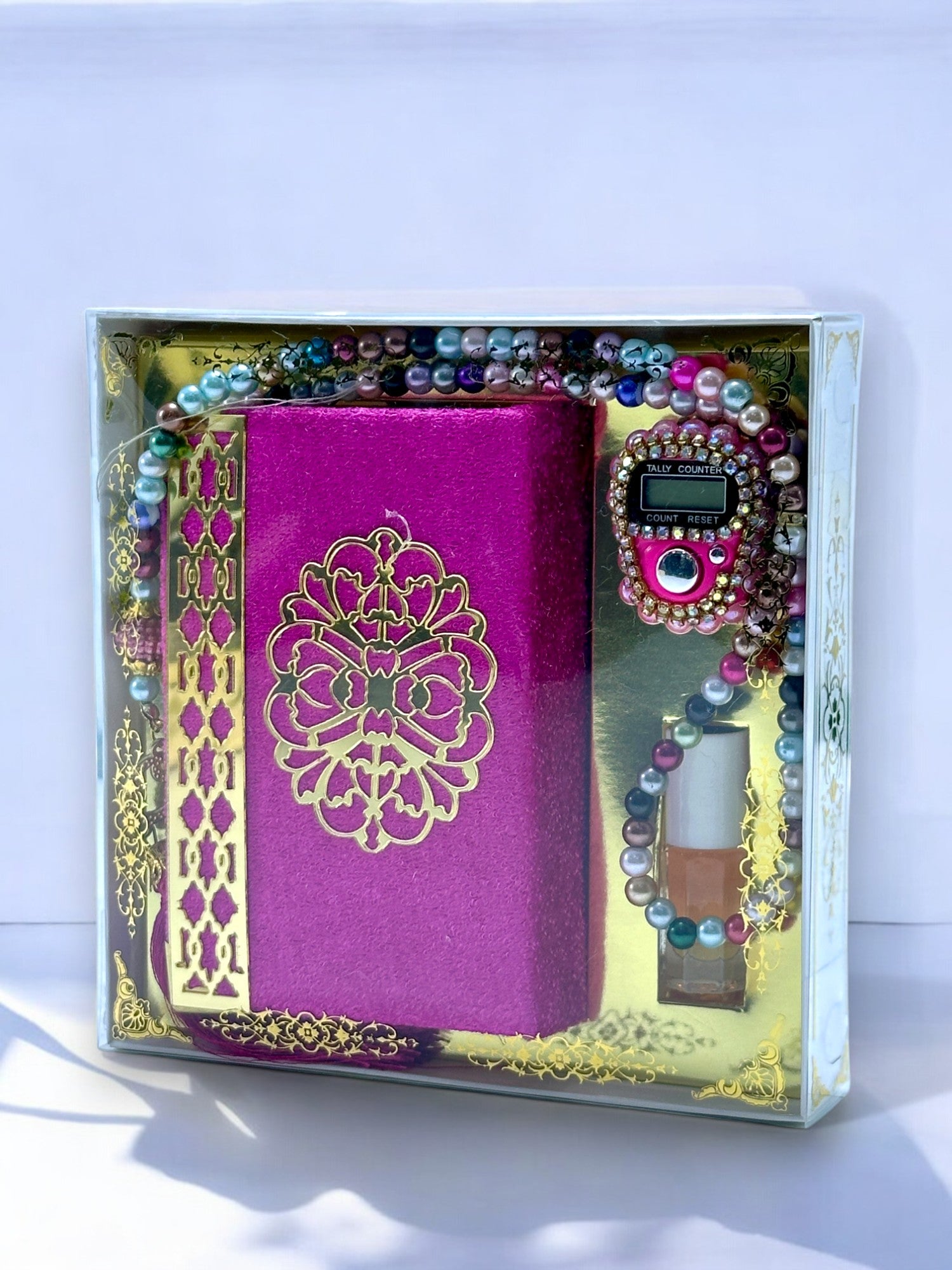 Cep Boy Kuran-ı Kerim, Zikirmatik, Koku Esans ve İnci Tesbih Seti – Şık ve Manevi Hediye Seti