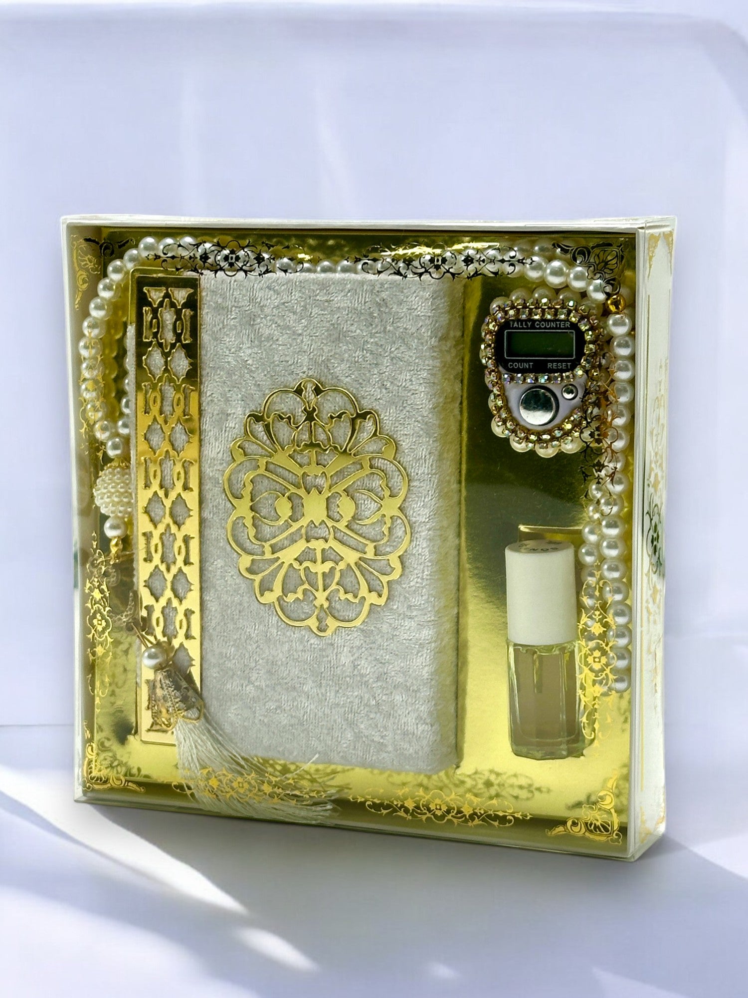 Cep Boy Kuran-ı Kerim, Zikirmatik, Koku Esans ve İnci Tesbih Seti – Şık ve Manevi Hediye Seti