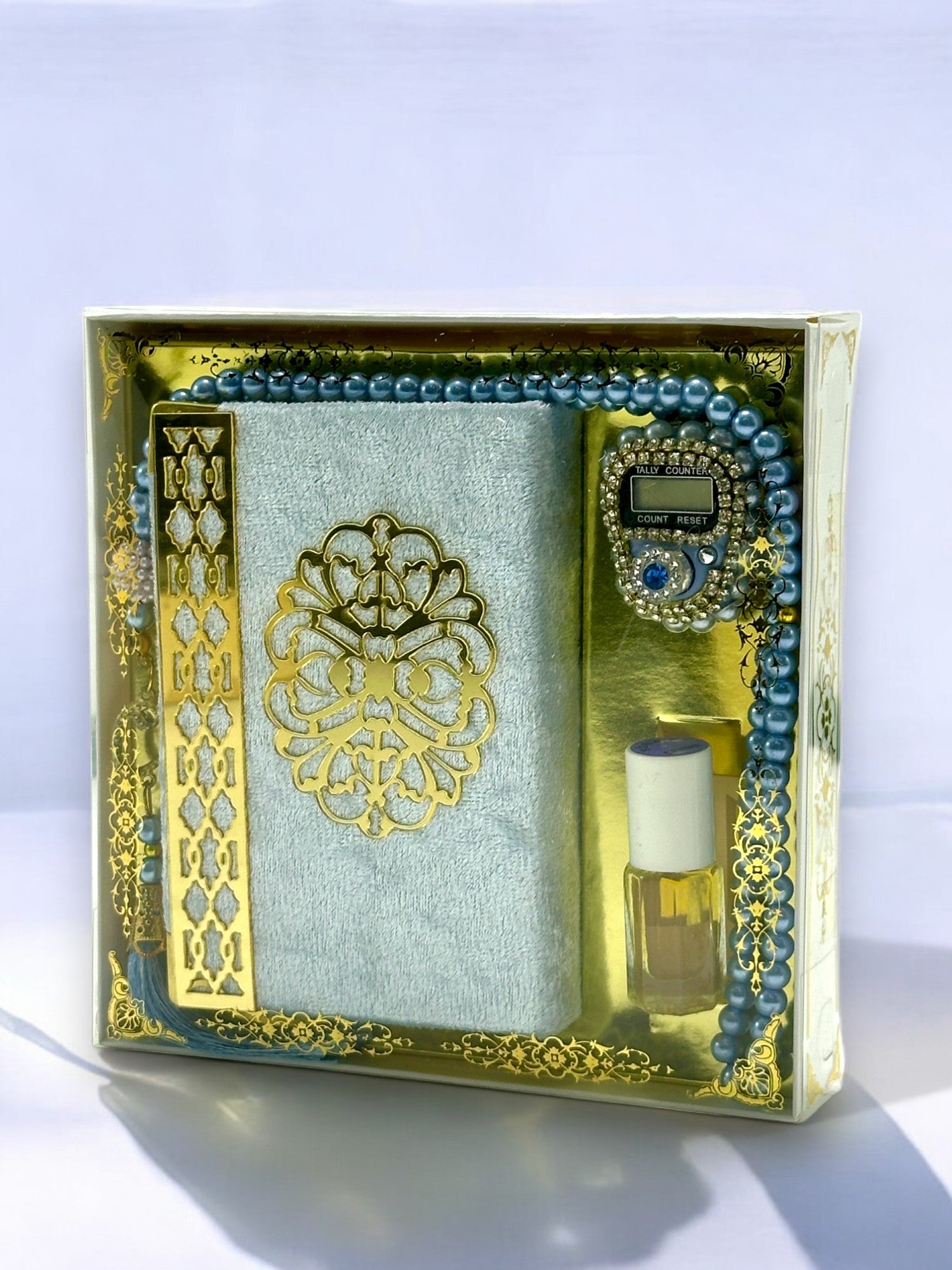 Cep Boy Kuran-ı Kerim, Zikirmatik, Koku Esans ve İnci Tesbih Seti – Şık ve Manevi Hediye Seti