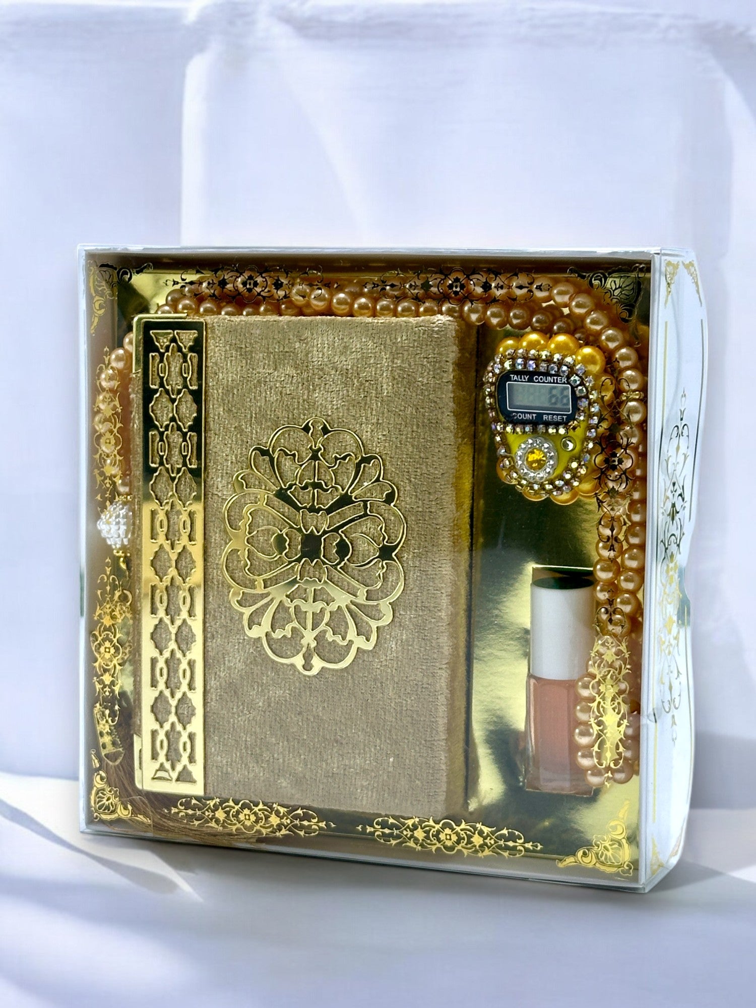 Cep Boy Kuran-ı Kerim, Zikirmatik, Koku Esans ve İnci Tesbih Seti – Şık ve Manevi Hediye Seti