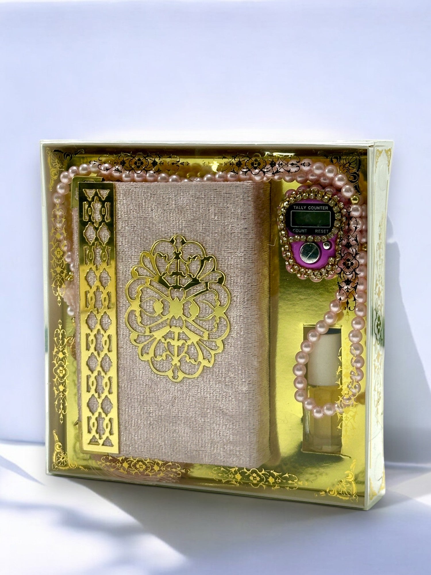 Cep Boy Kuran-ı Kerim, Zikirmatik, Koku Esans ve İnci Tesbih Seti – Şık ve Manevi Hediye Seti