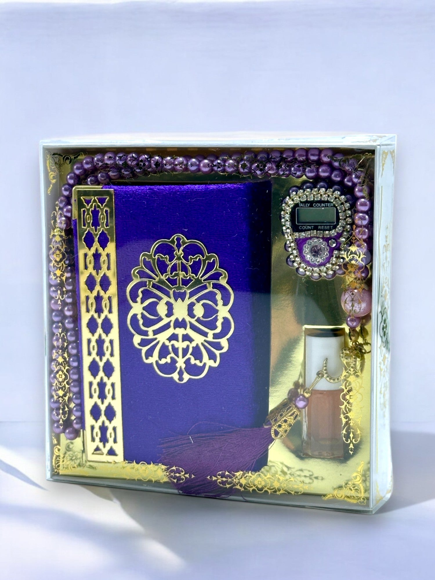 Cep Boy Kuran-ı Kerim, Zikirmatik, Koku Esans ve İnci Tesbih Seti – Şık ve Manevi Hediye Seti