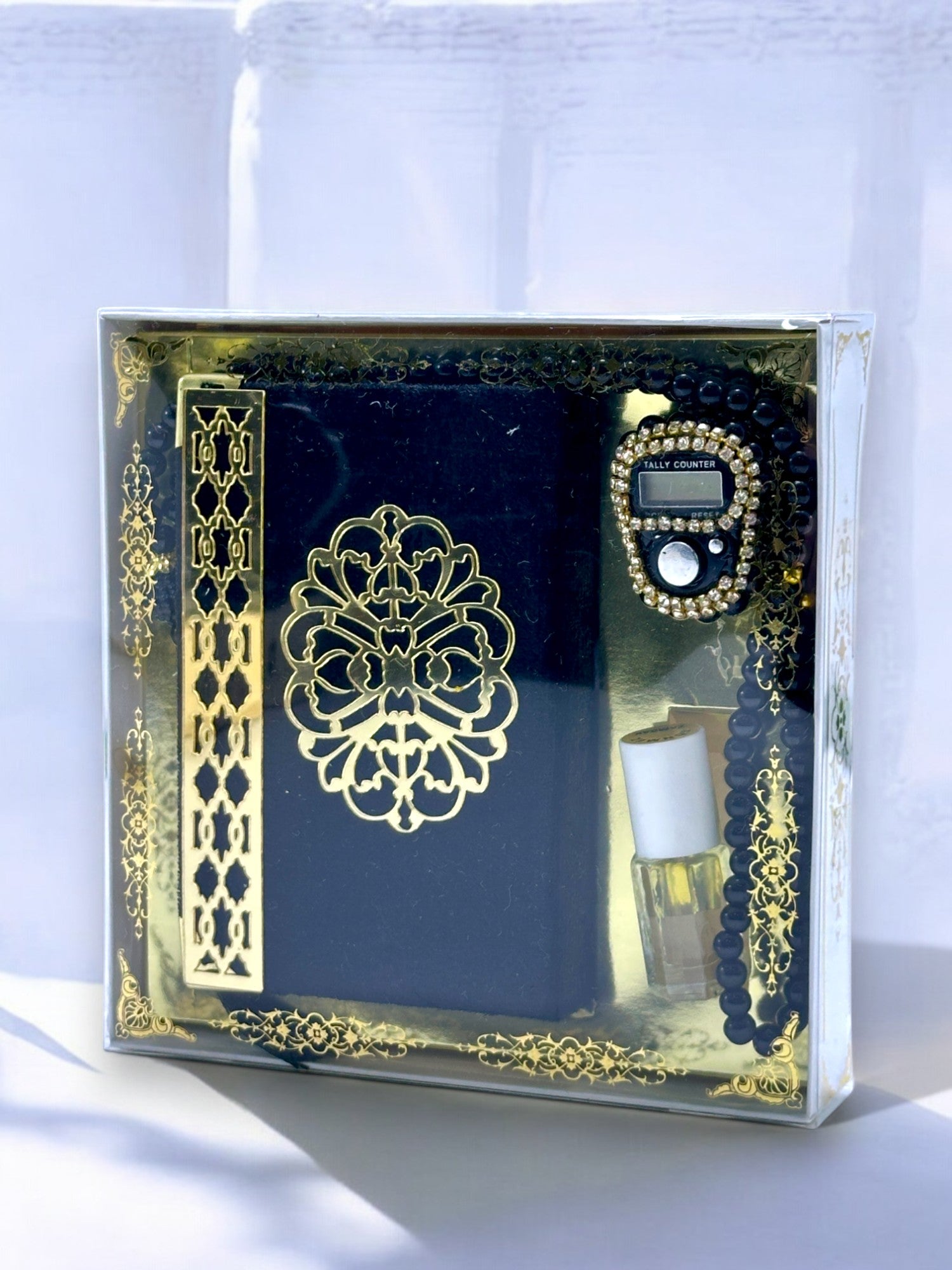 Cep Boy Kuran-ı Kerim, Zikirmatik, Koku Esans ve İnci Tesbih Seti – Şık ve Manevi Hediye Seti