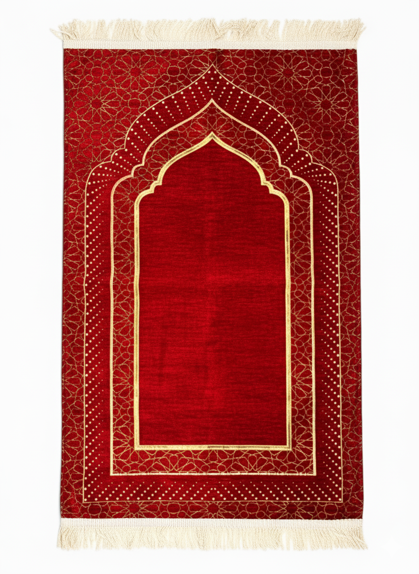 Mihrap Desenli Astarlı Şönil Seccade – Lüks Dokulu, Altın Detaylı, Hediyelik Seccade