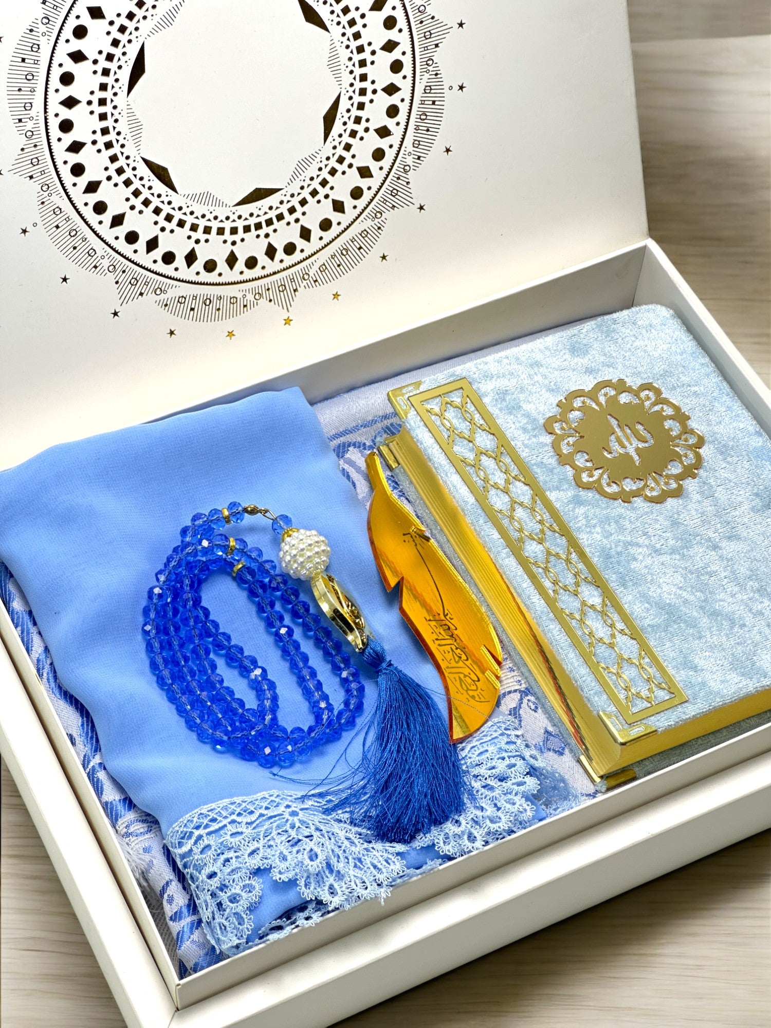 Kur'anı Kerim , Zikirmatik ve Kristal Tesbih ile Seccade, Dantelli Eşarp Seti