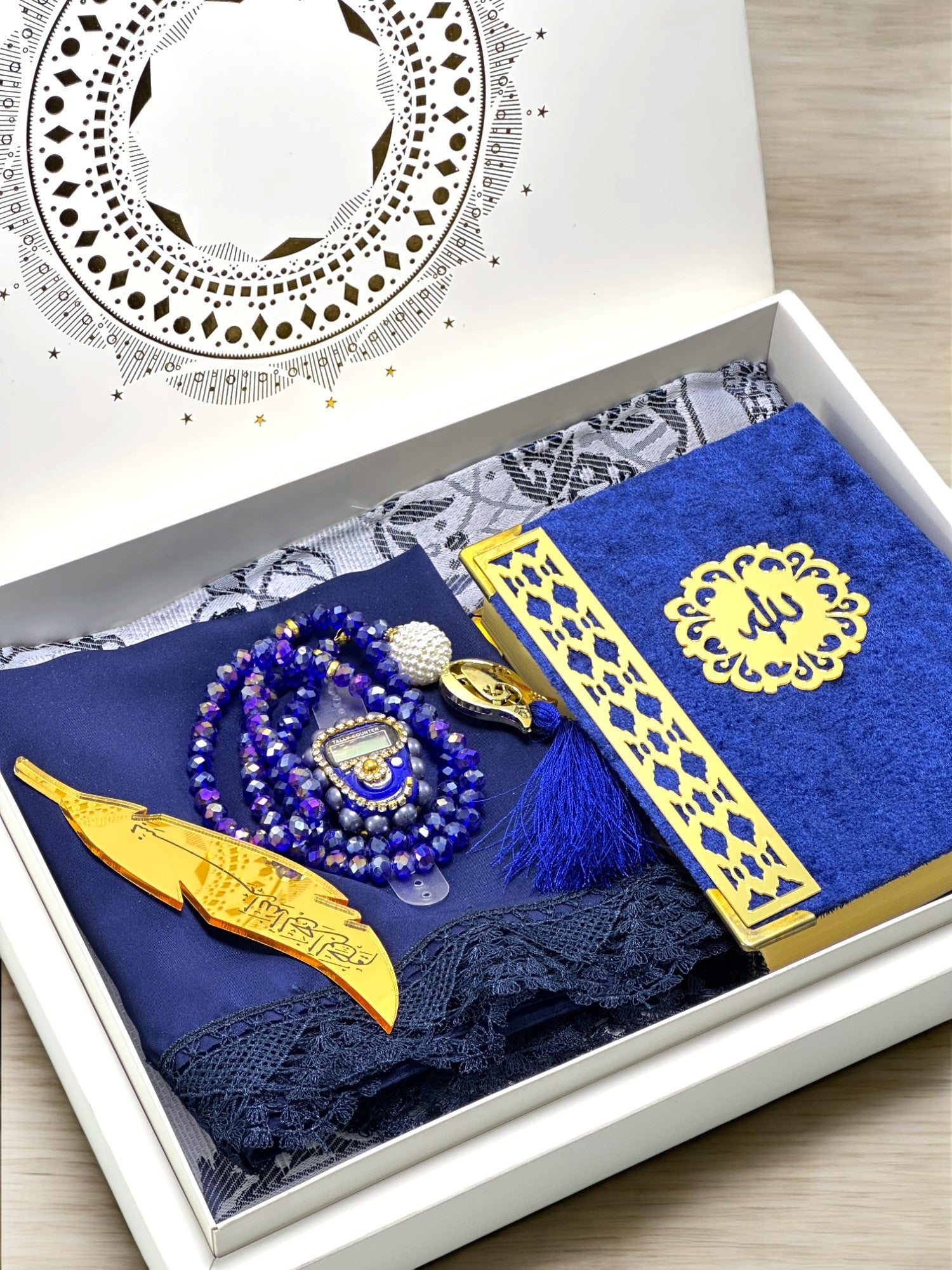 Kur'anı Kerim , Zikirmatik ve Kristal Tesbih ile Seccade, Dantelli Eşarp Seti