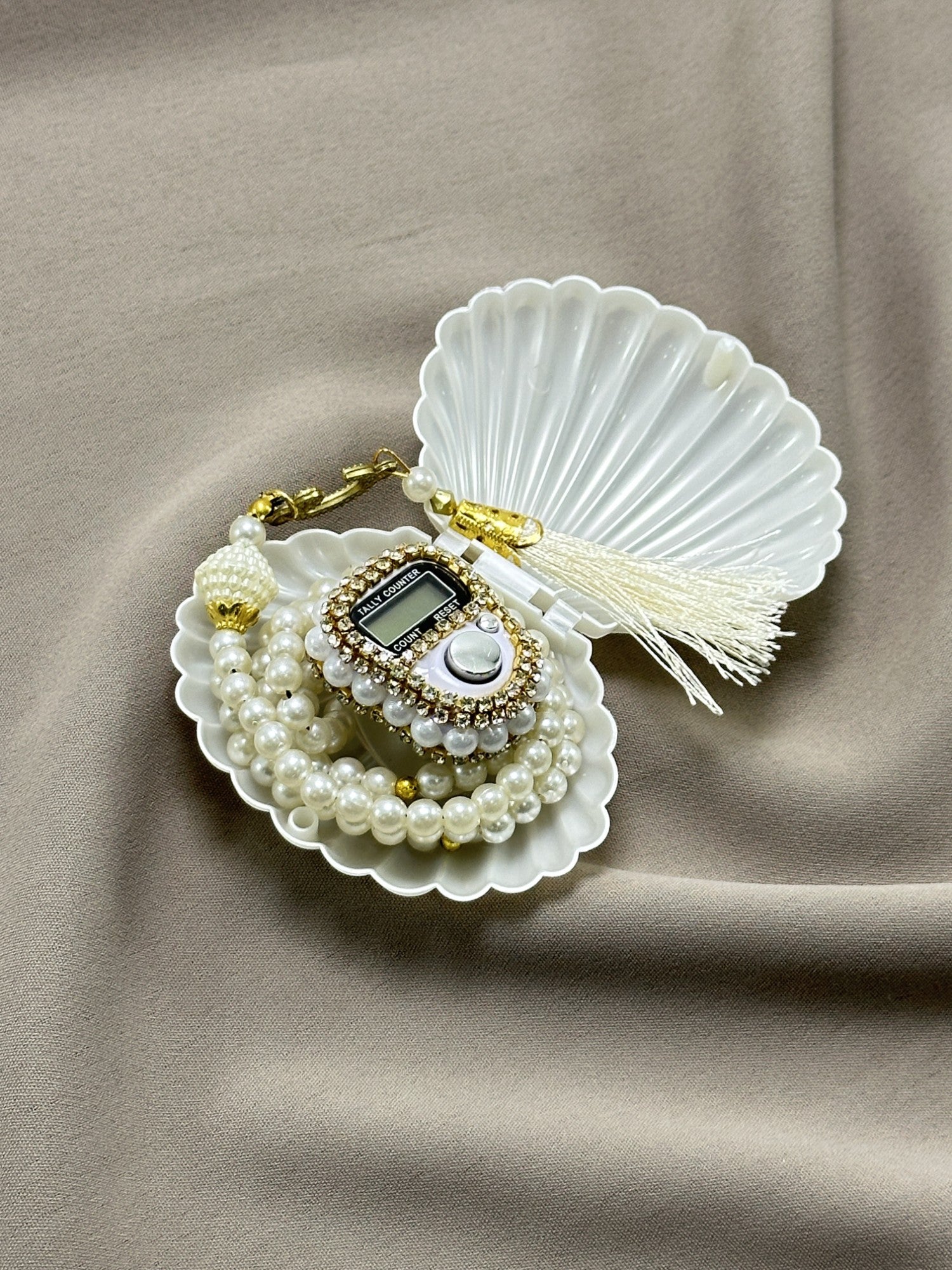 İstiridye Kutuda Taşlı Zikirmatik & İnci Tesbih Seti - Özel Mevlüt, Umre, Hac & Manevi Hediye