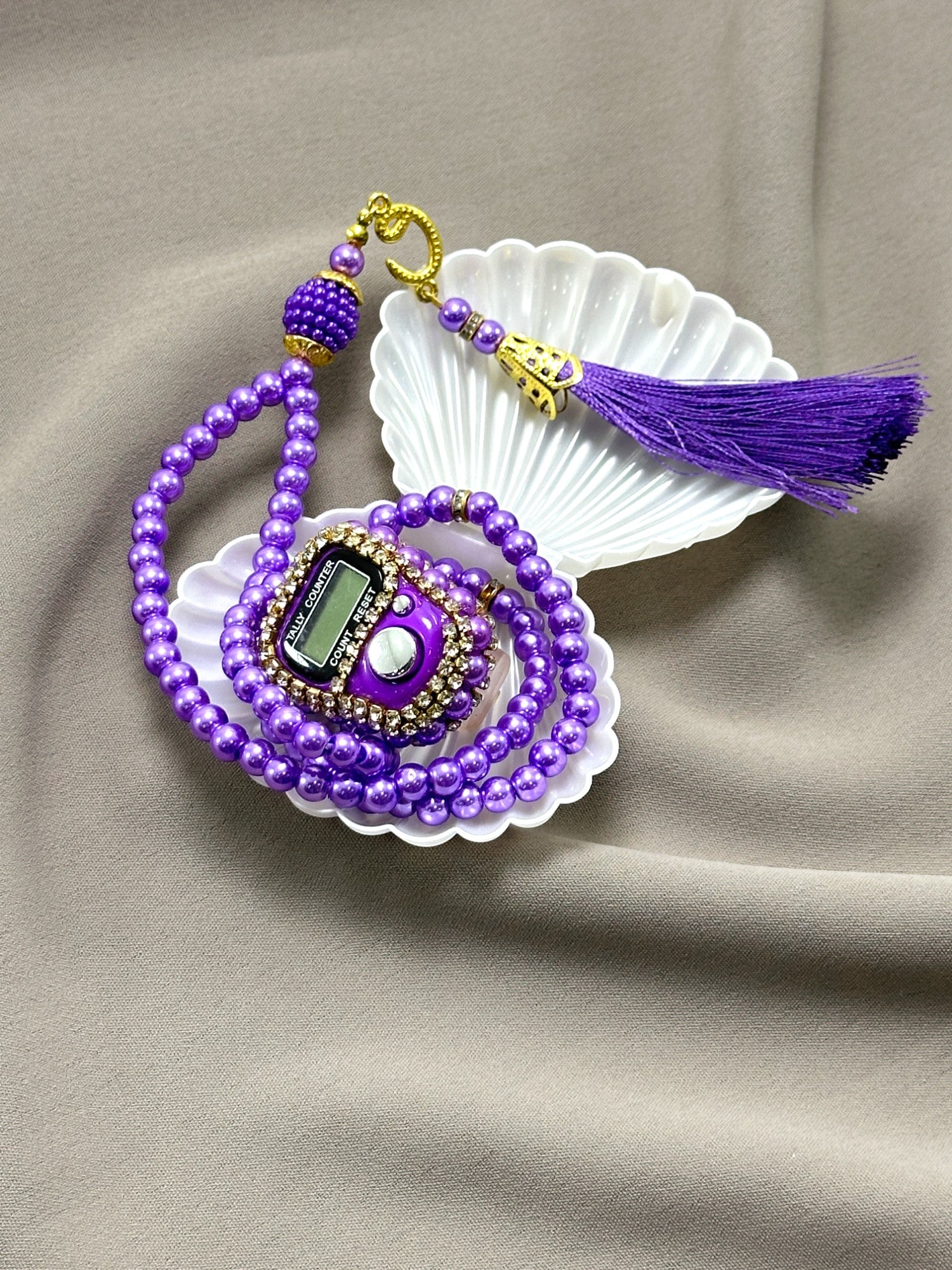 İstiridye Kutuda Taşlı Zikirmatik & İnci Tesbih Seti - Özel Mevlüt, Umre, Hac & Manevi Hediye