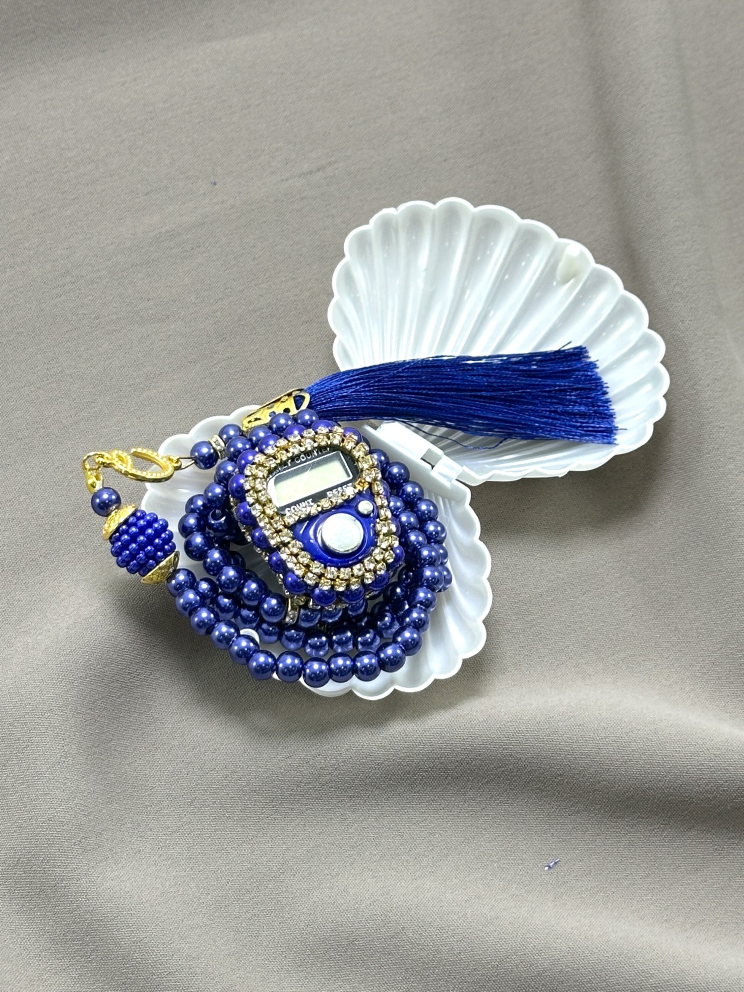 İstiridye Kutuda Taşlı Zikirmatik & İnci Tesbih Seti - Özel Mevlüt, Umre, Hac & Manevi Hediye