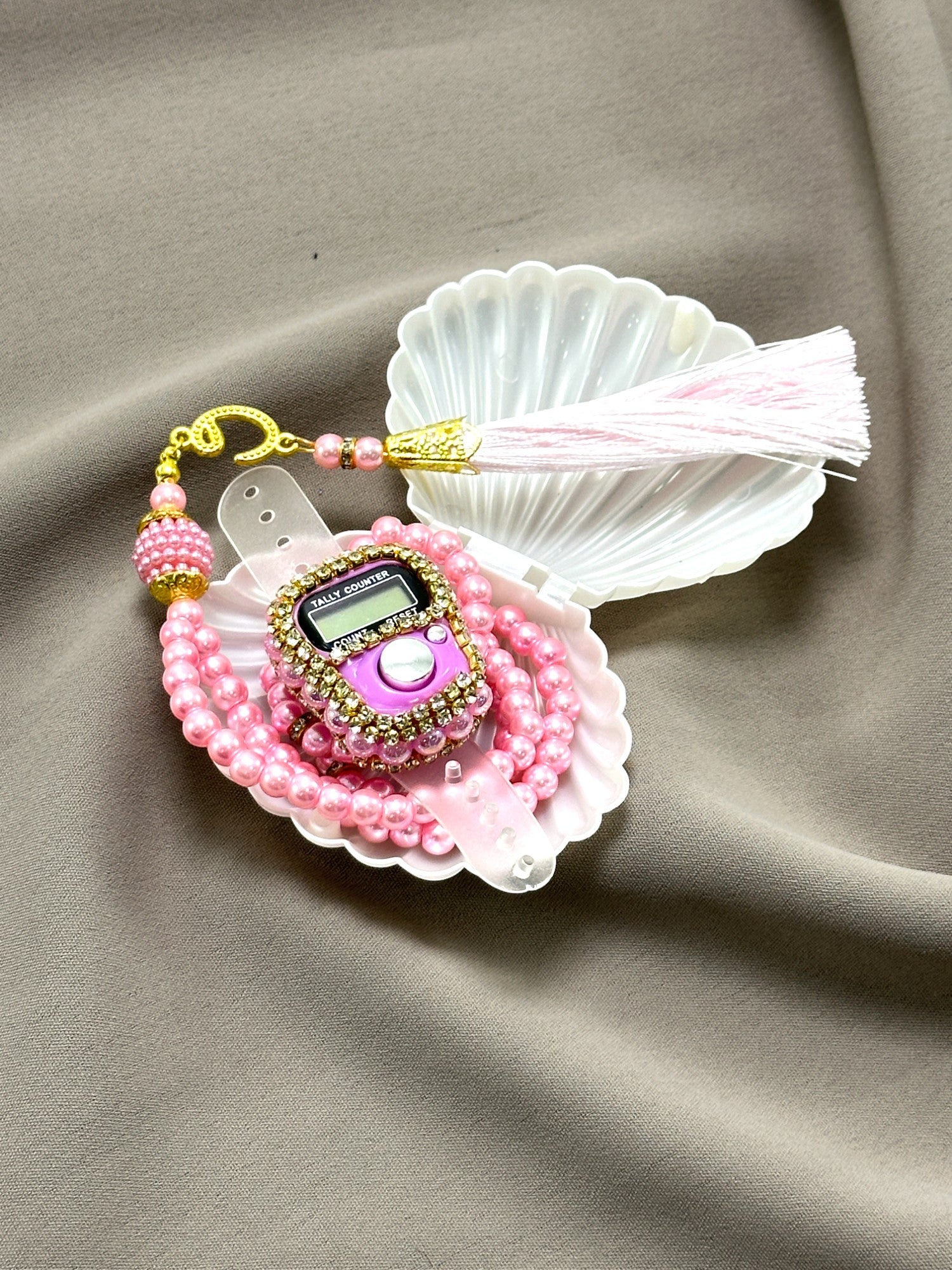 İstiridye Kutuda Taşlı Zikirmatik & İnci Tesbih Seti - Özel Mevlüt, Umre, Hac & Manevi Hediye