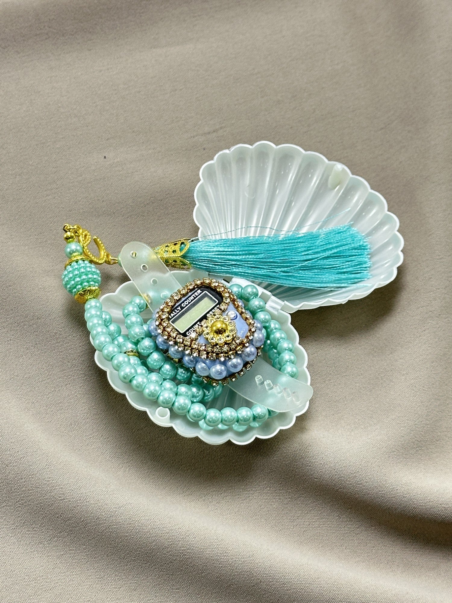 İstiridye Kutuda Taşlı Zikirmatik & İnci Tesbih Seti - Özel Mevlüt, Umre, Hac & Manevi Hediye