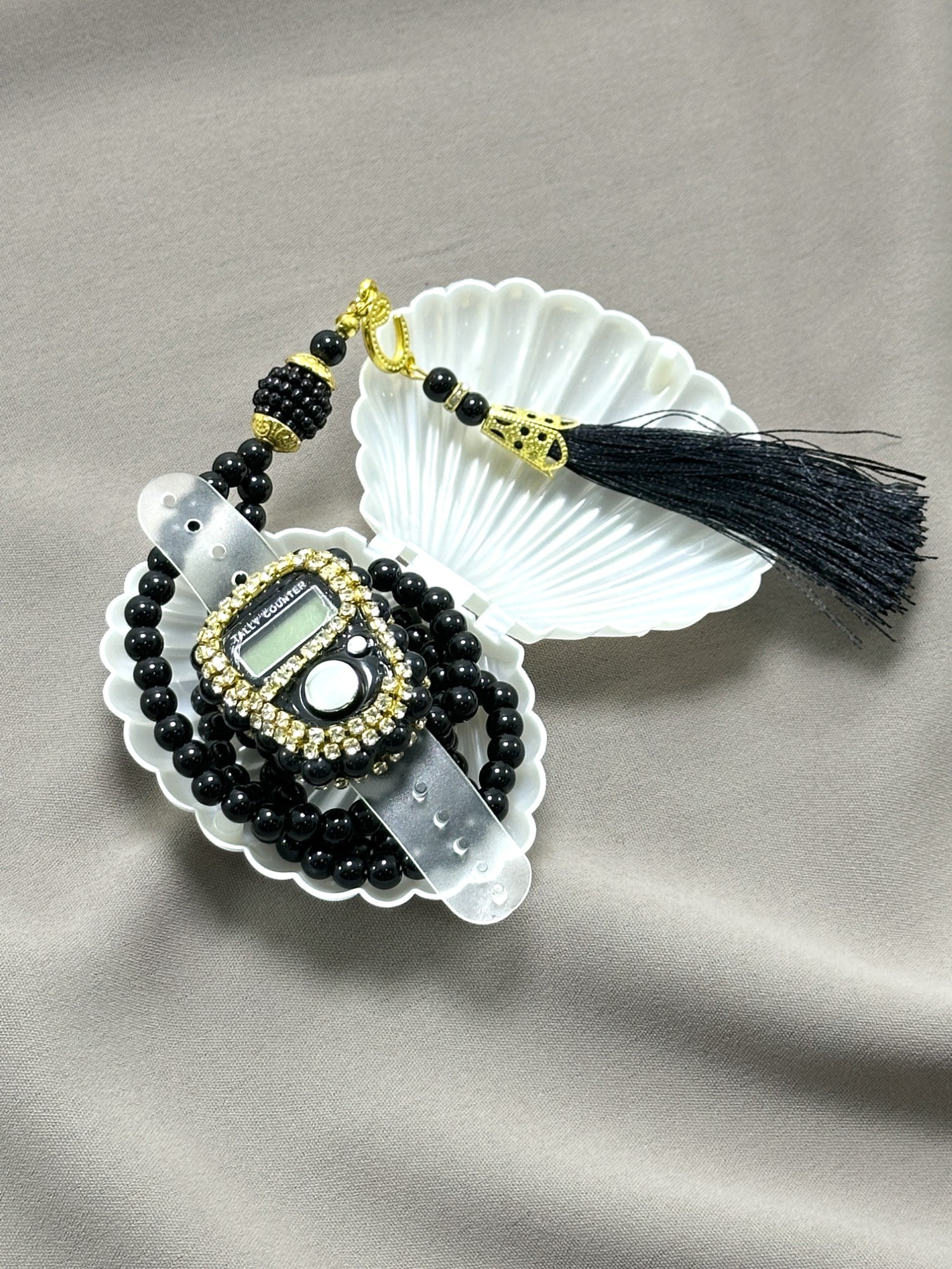 İstiridye Kutuda Taşlı Zikirmatik & İnci Tesbih Seti - Özel Mevlüt, Umre, Hac & Manevi Hediye