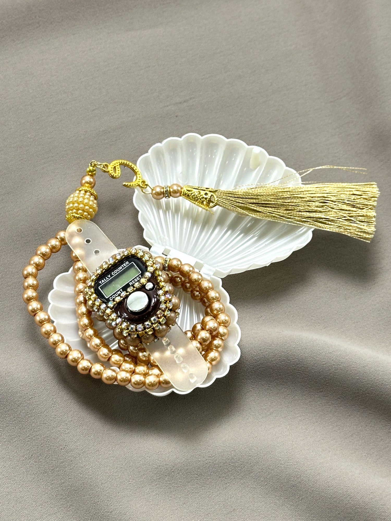 İstiridye Kutuda Taşlı Zikirmatik & İnci Tesbih Seti - Özel Mevlüt, Umre, Hac & Manevi Hediye