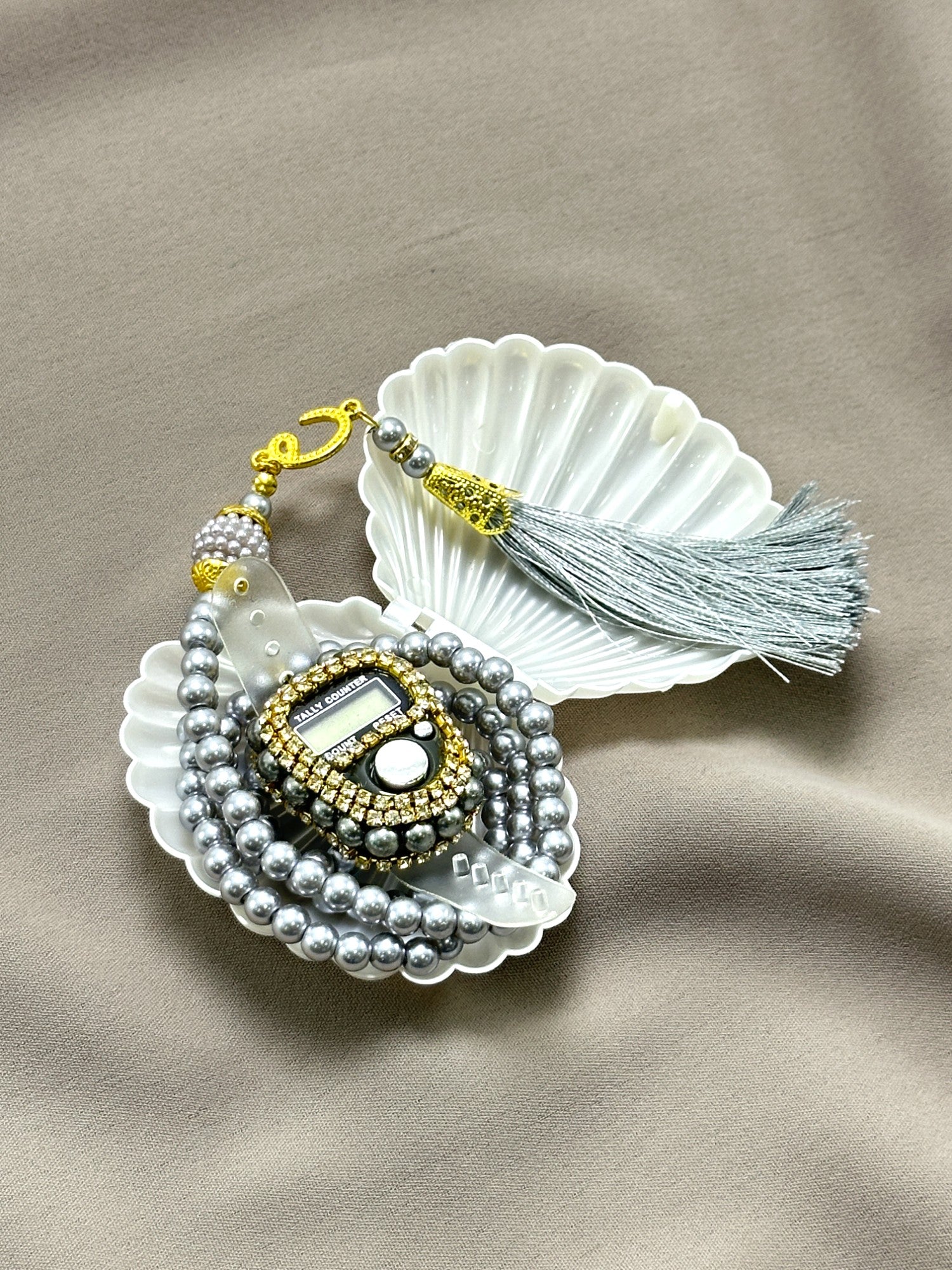 İstiridye Kutuda Taşlı Zikirmatik & İnci Tesbih Seti - Özel Mevlüt, Umre, Hac & Manevi Hediye