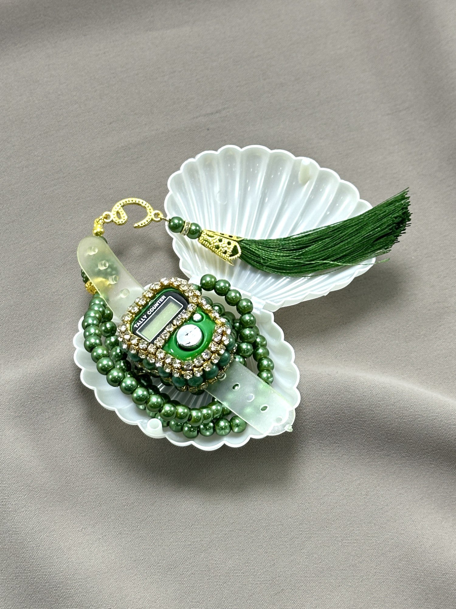 İstiridye Kutuda Taşlı Zikirmatik & İnci Tesbih Seti - Özel Mevlüt, Umre, Hac & Manevi Hediye