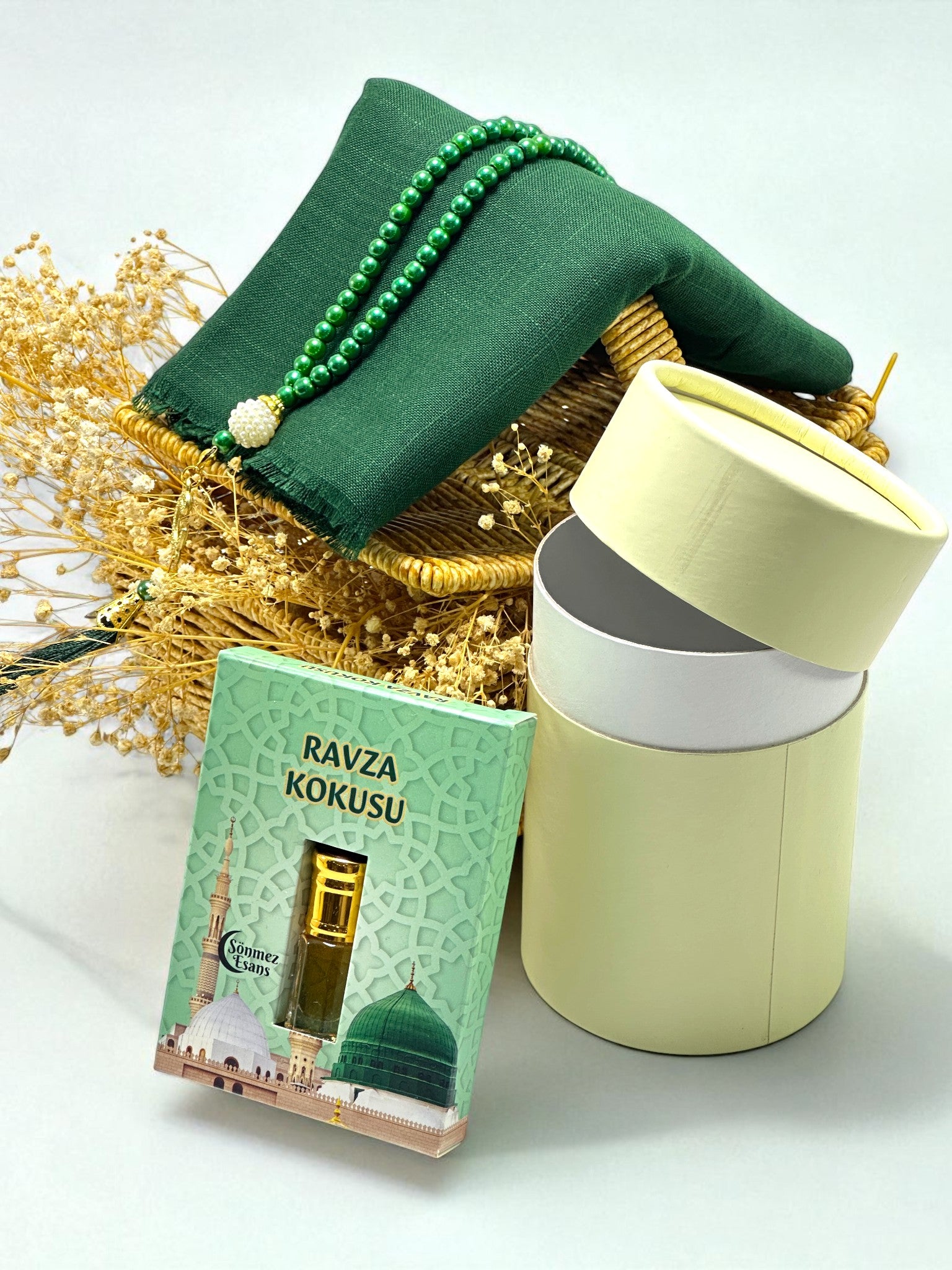 Flamlı Eşarp & İnci Tesbih & Esans – Silindir Kutu İçerisinde Manevi Set Söz, Nişan, Hediyeliği