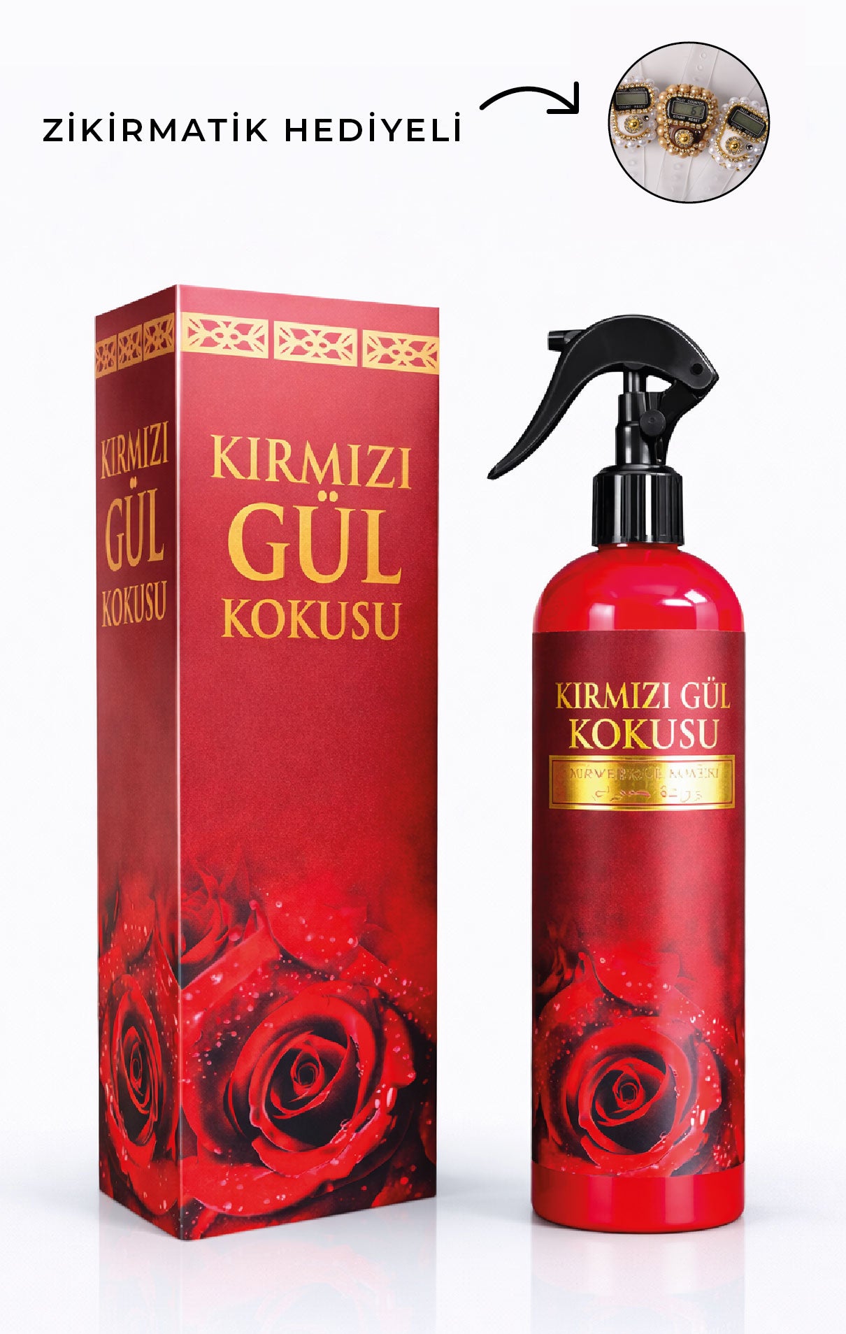 Kırmızı Gül Kokusu 400 ml Oda, Seccade ve Tekstil Kokusu – Zikirmatik Hediyeli