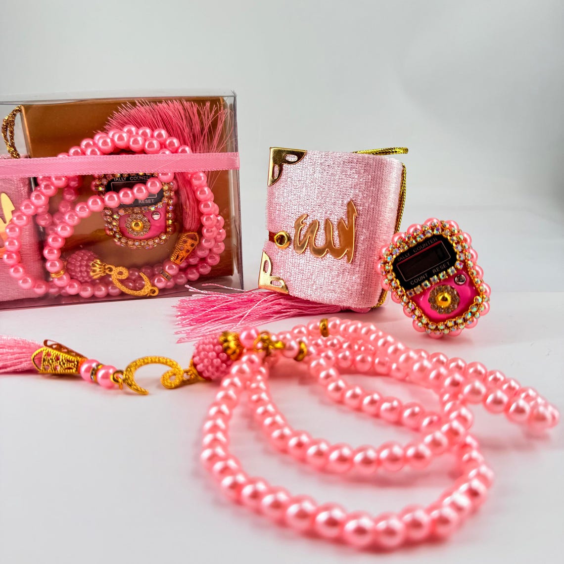 Zikirmatik, Mini Kur’an ve Tesbihli Şeffaf Hediye Kutusu – İslami Hediye Seti