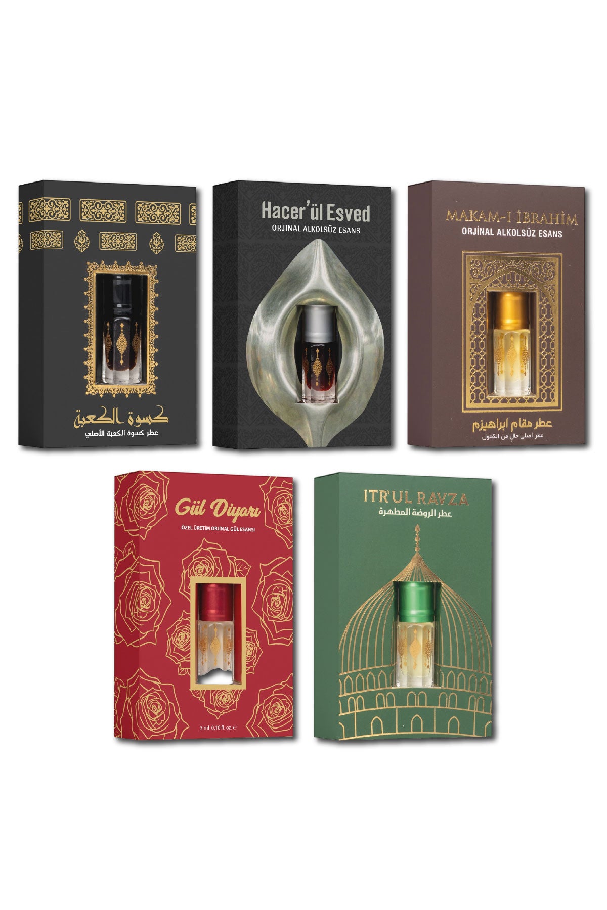 Orijinal Alkolsüz Esans 5’li Set – Hacer’ül Esved, Kâbe Örtüsü, Makam-ı İbrahim, Gül Diyar, Ravza
