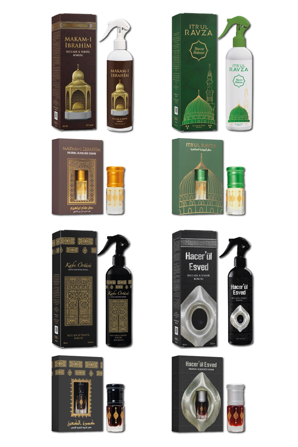 8’li Set Manevi Koku Seti – 4 Sprey + 4 Alkolsüz Esans – Özel Gün, Çeyizlik, Hediyelik