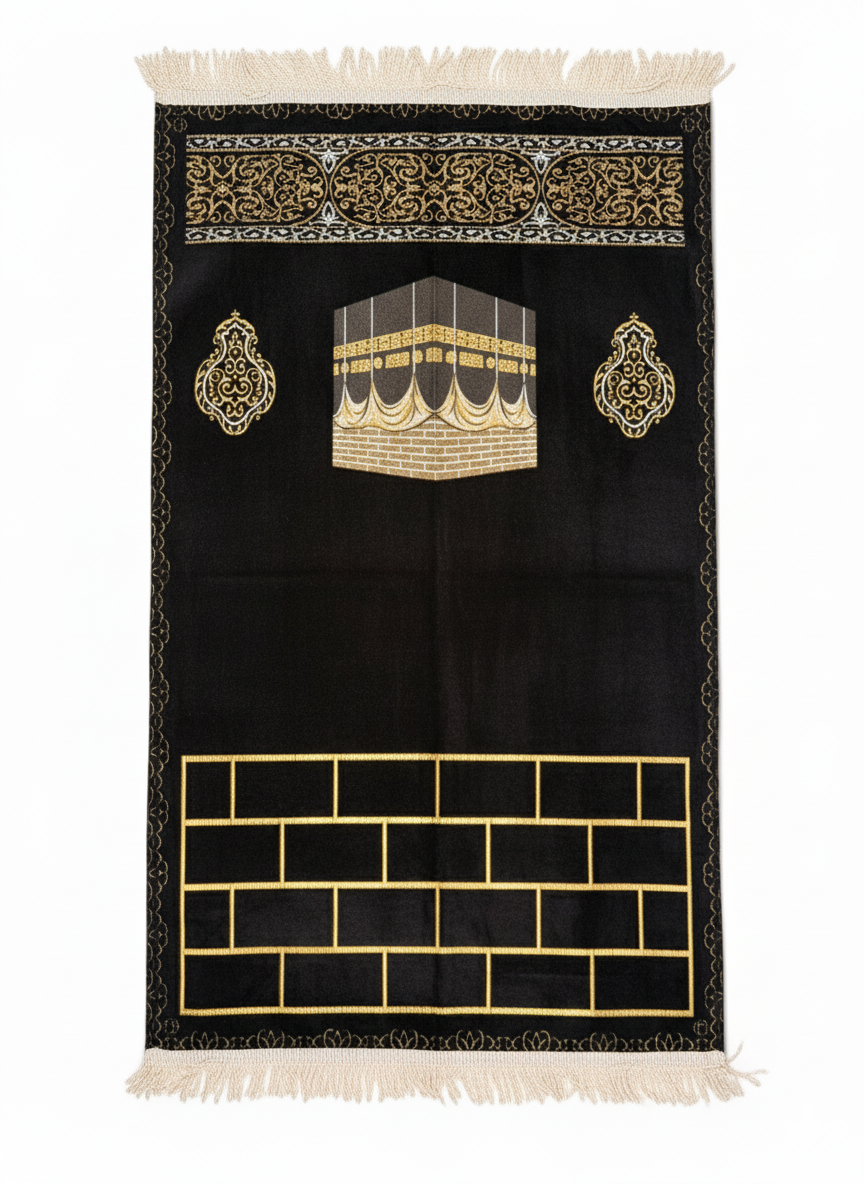 Kâbe Desenli Şönil Seccade – Lüks Dokulu, Altın İşlemeli, Hediyelik ve Çeyizlik Tasarım