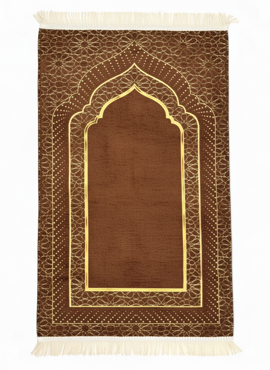 Mihrap Desenli Astarlı Şönil Seccade – Lüks Dokulu, Altın Detaylı, Hediyelik Seccade