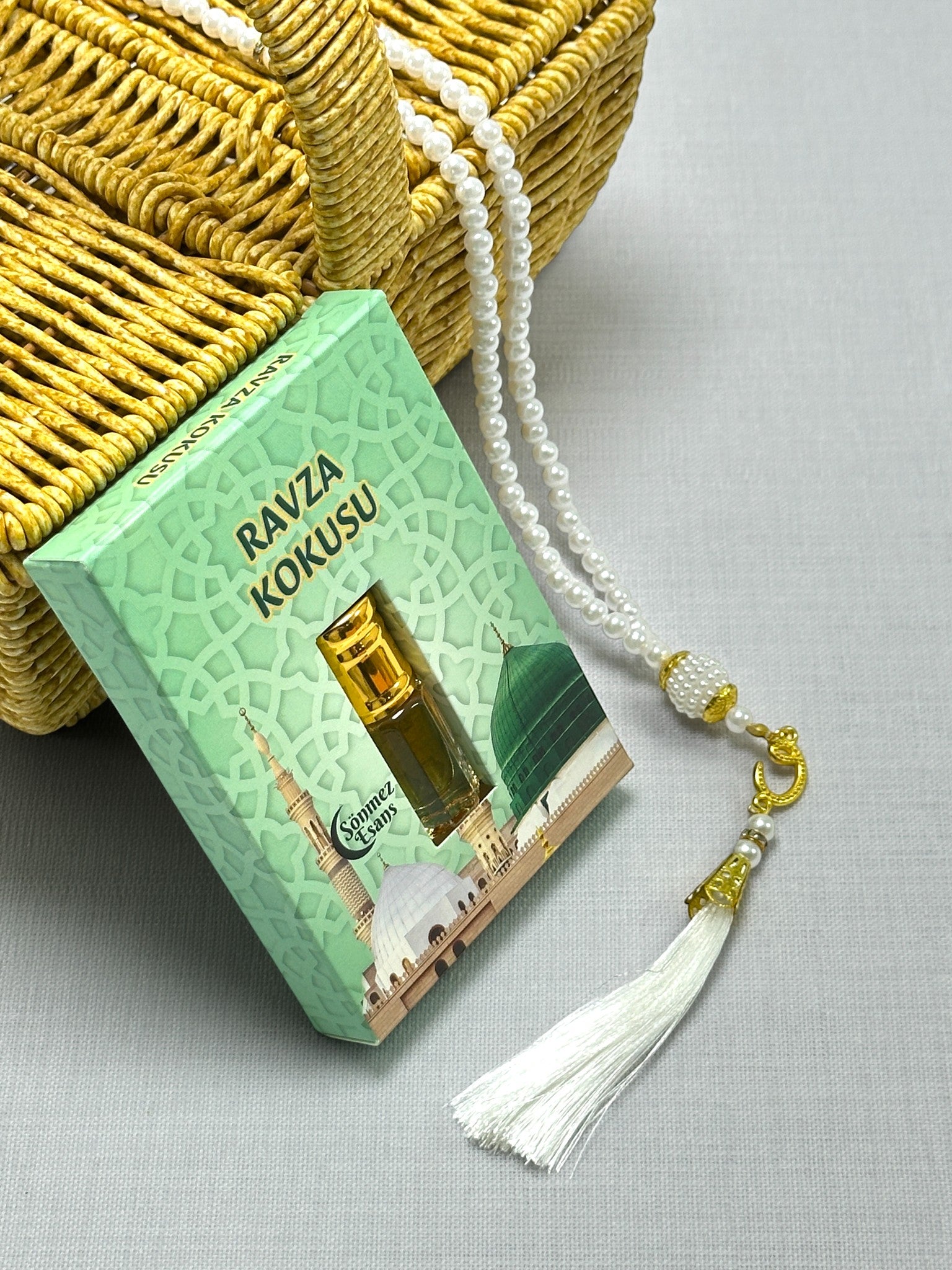 Hediyelik Pembe Gül Esansı 3 ml & İnci Tesbih – Manevi Dokunuşlu Özel Koku Seti